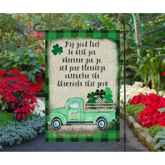 St Patrick's Day Garden Flag Irish Blessing on Green Plaid & Shamrock Truck NEW - Picture 3 of 8
